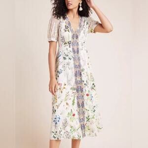 Anthropologie Geisha Designs Women’s Donna Floral Embroidered Cream Midi Dress